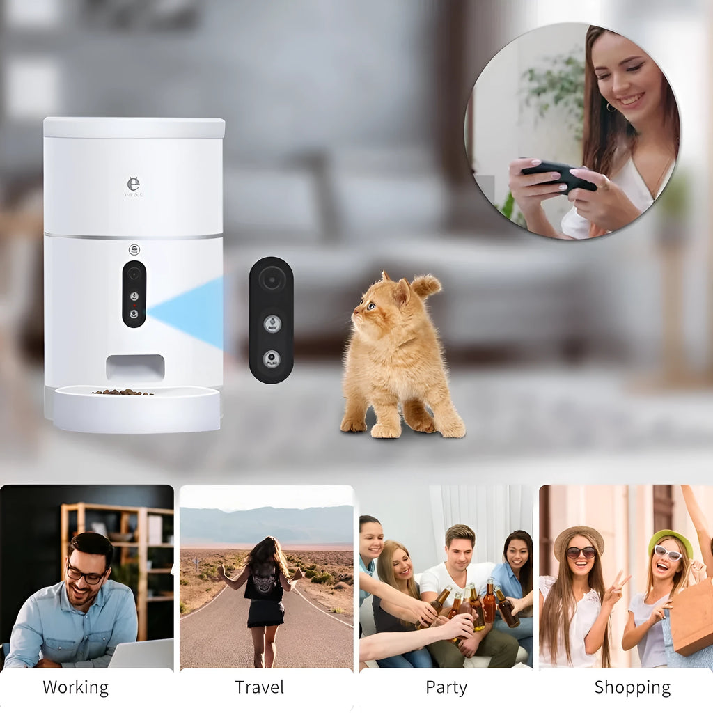 White ABS automatic pet feeder, 4L capacity, 31cm high, with 1080P camera and 113° wide-angle view for dry food.