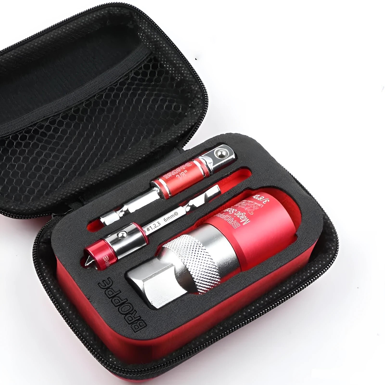 Red universal socket wrench set with 7-19mm and 9-21mm metric sleeves