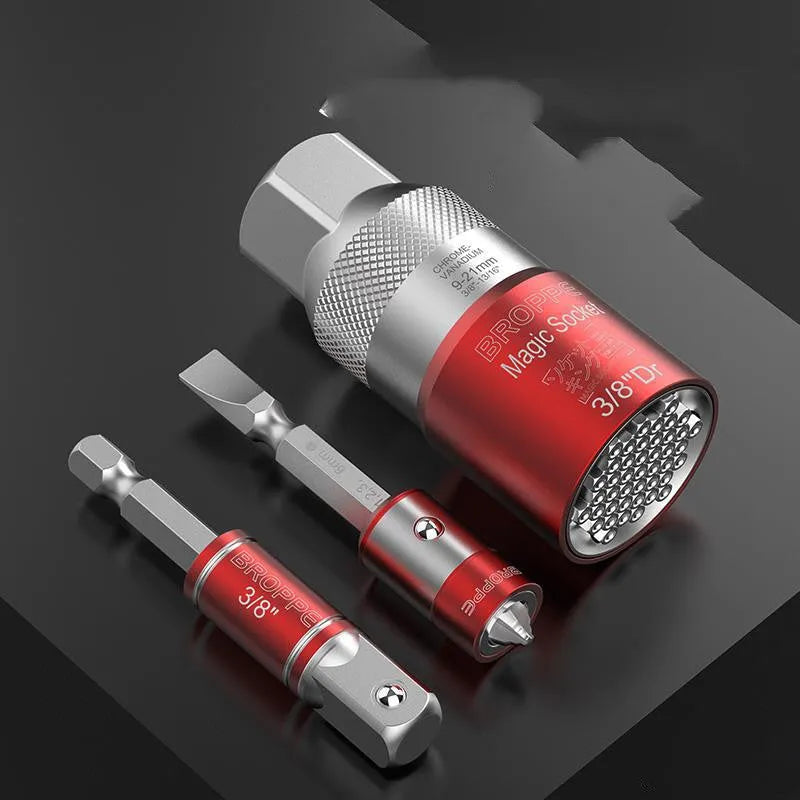 Red universal socket wrench set with 7-19mm and 9-21mm metric sleeves