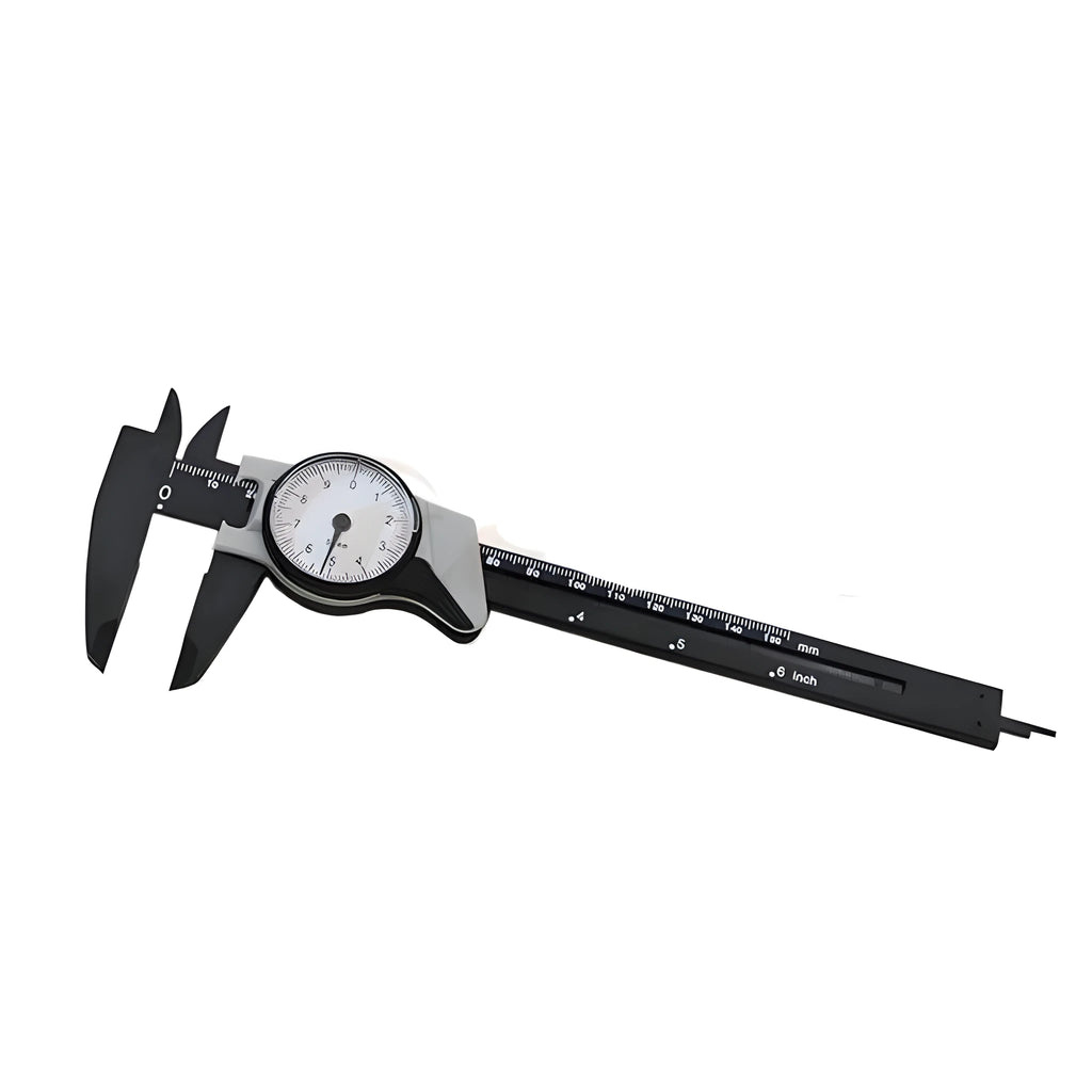 Black plastic Vernier caliper showing 0-150mm measurement scale with 0.1mm resolution markings