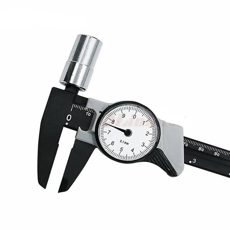 Black plastic Vernier caliper showing 0-150mm measurement scale with 0.1mm resolution markings