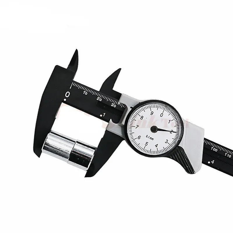 Black plastic Vernier caliper showing 0-150mm measurement scale with 0.1mm resolution markings