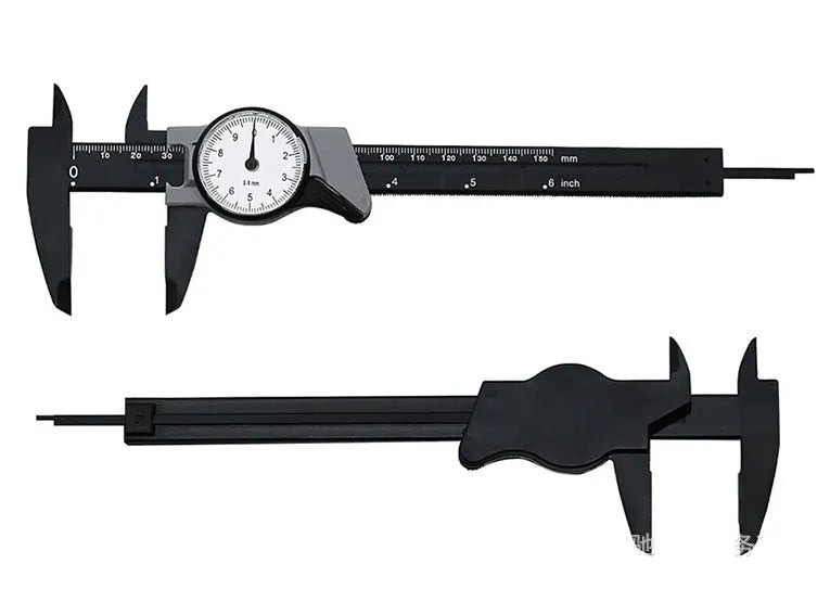 Black plastic Vernier caliper showing 0-150mm measurement scale with 0.1mm resolution markings
