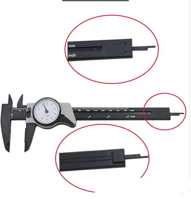 Black plastic Vernier caliper showing 0-150mm measurement scale with 0.1mm resolution markings