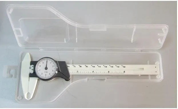 Black plastic Vernier caliper showing 0-150mm measurement scale with 0.1mm resolution markings