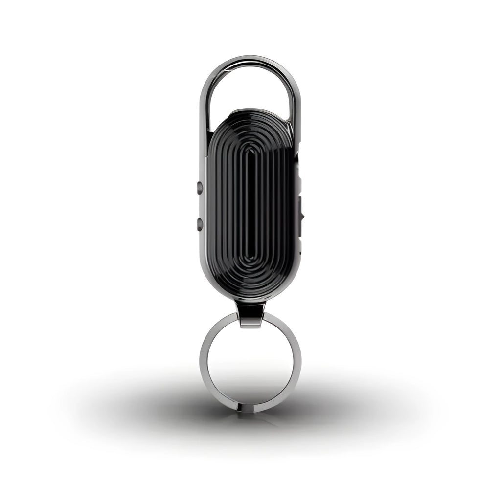 Black portable voice recorder with zinc alloy shell, showing USB port and recording button.
