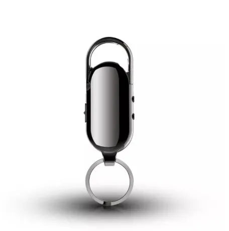 Black portable voice recorder with zinc alloy shell, showing USB port and recording button.