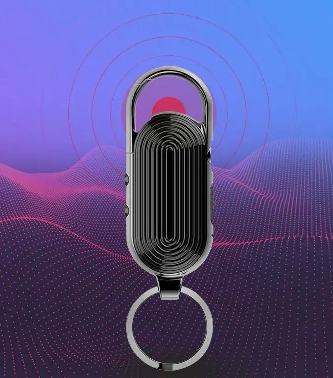 Black portable voice recorder with zinc alloy shell, showing USB port and recording button.