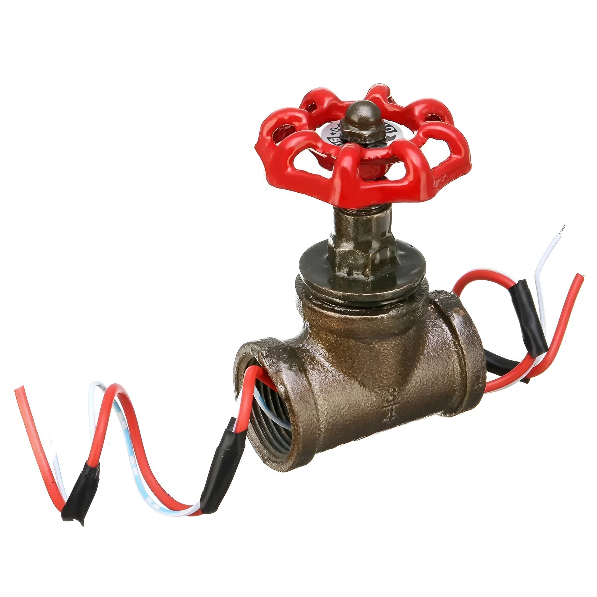 Red and grey steampunk industrial light switch valve with 3/4 thread and copper wire details.