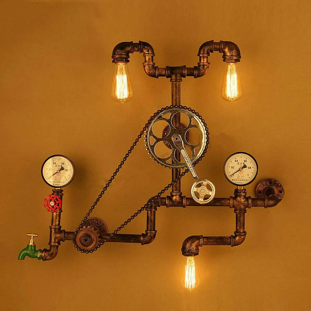 Red and grey steampunk industrial light switch valve with 3/4 thread and copper wire details.
