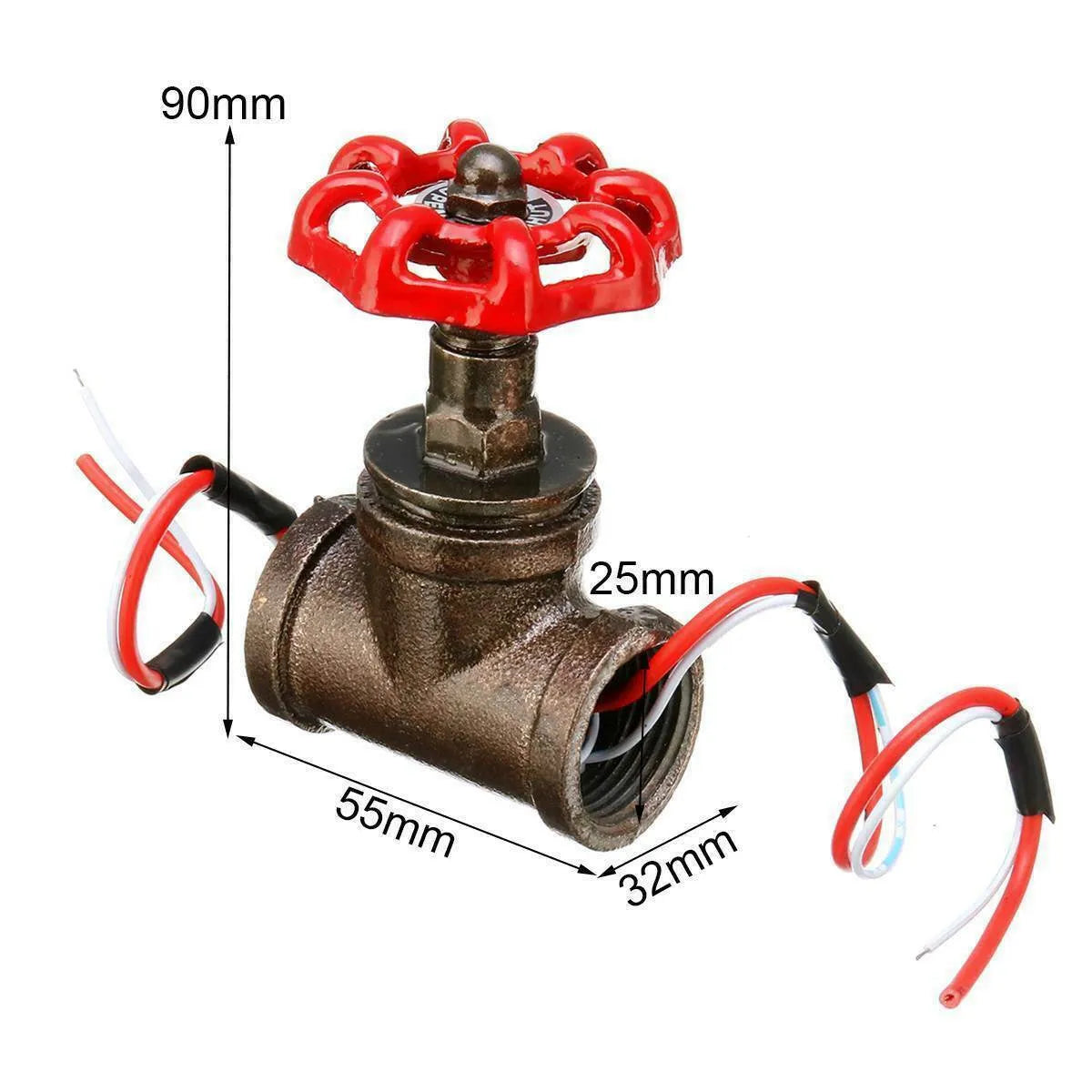 Red and grey steampunk industrial light switch valve with 3/4 thread and copper wire details.