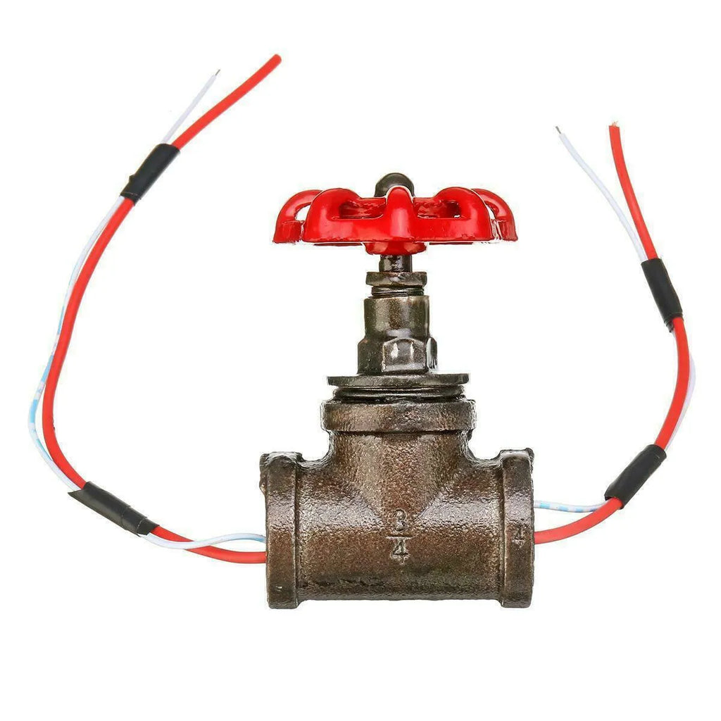 Red and grey steampunk industrial light switch valve with 3/4 thread and copper wire details.