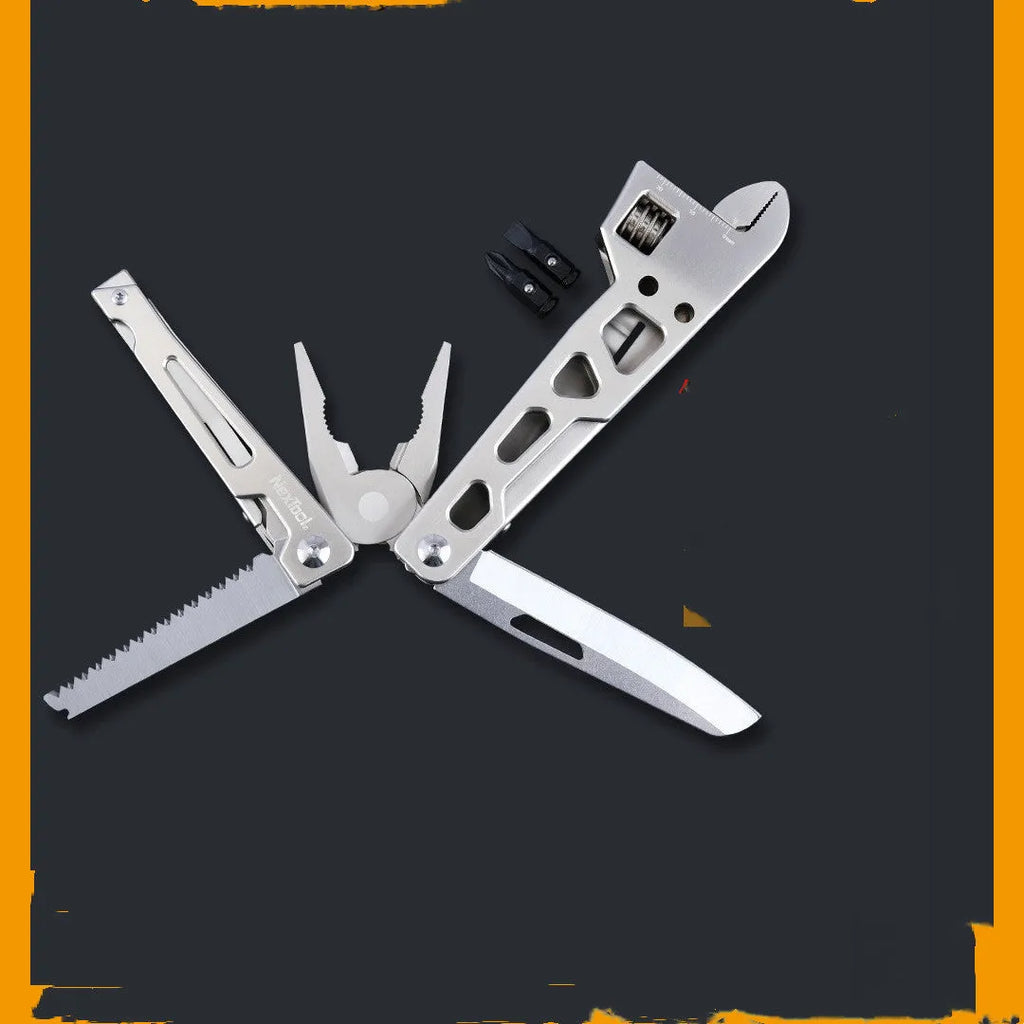 White stainless steel multi-function tool showing wrench, pliers, and blade components.