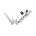 White stainless steel multi-function tool showing wrench, pliers, and blade components.