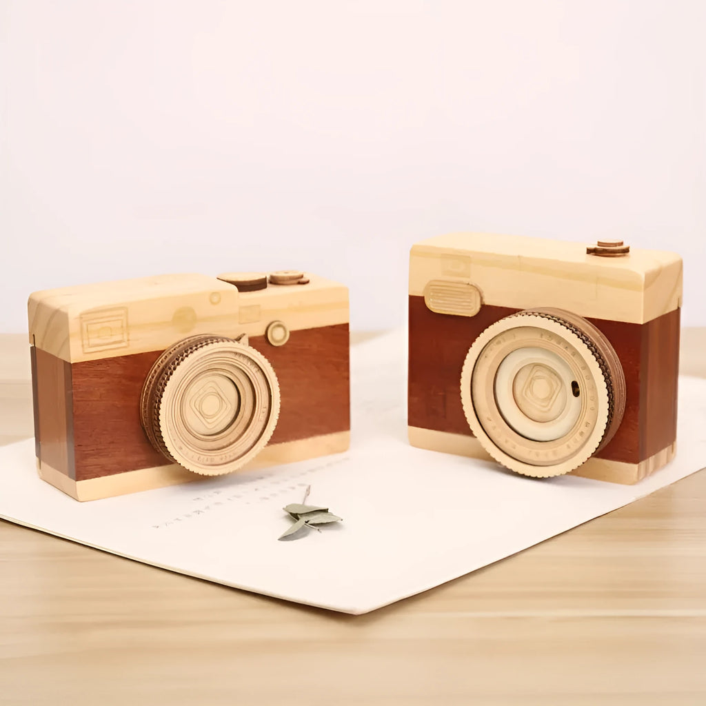 Wooden rotating camera music box in carton packaging, showing pine wood construction.