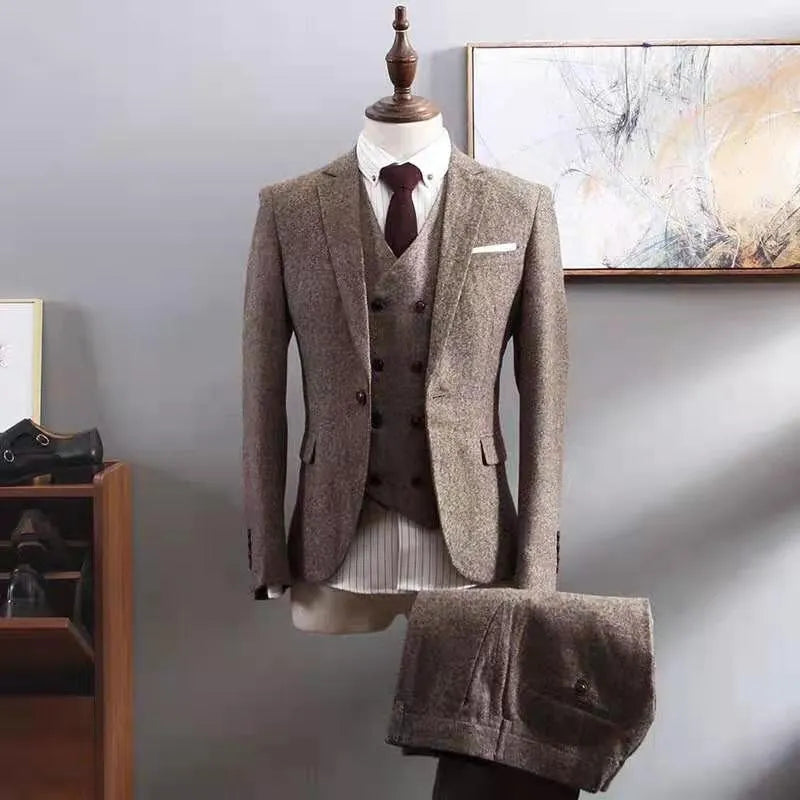 Men's three-piece business suit in black, brown, or grey with slim fit jacket, vest, and trousers