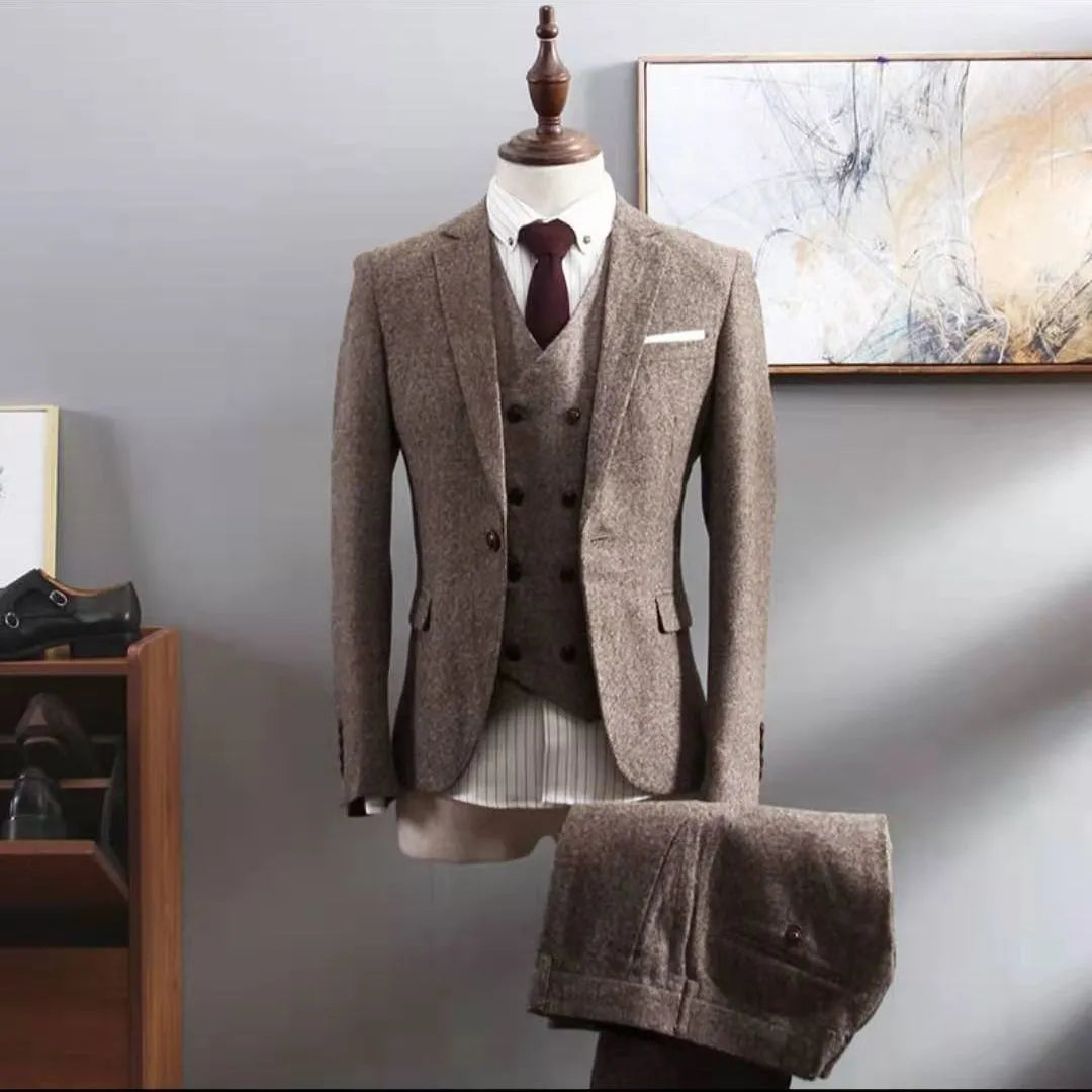 Men's three-piece business suit in black, brown, or grey with slim fit jacket, vest, and trousers
