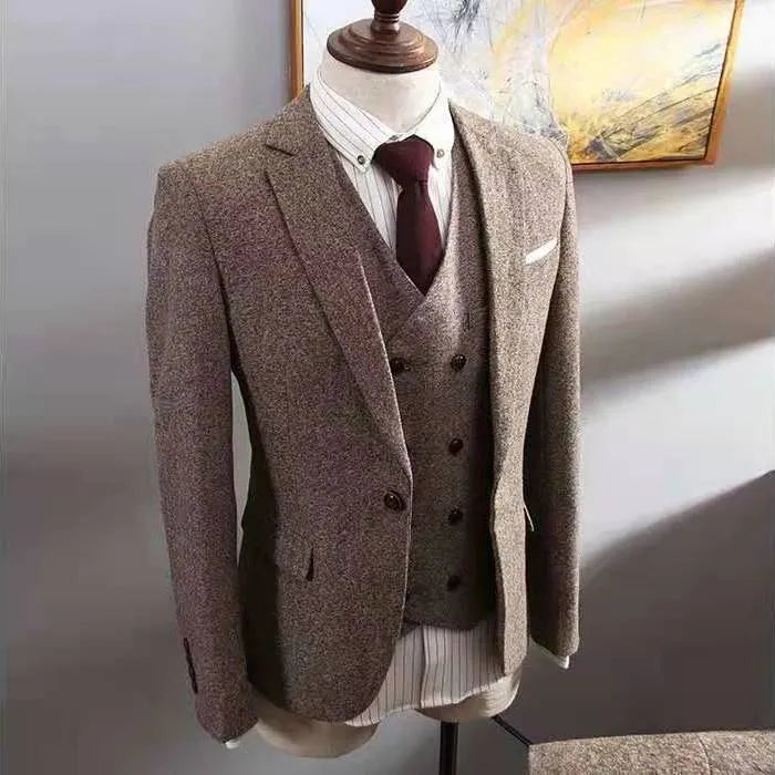 Men's three-piece business suit in black, brown, or grey with slim fit jacket, vest, and trousers