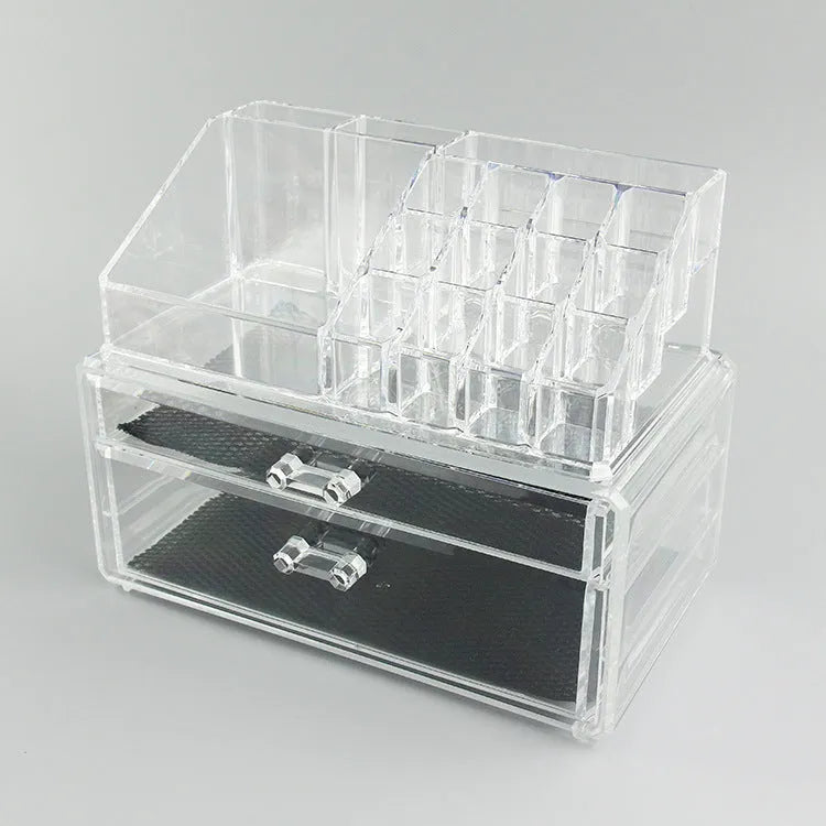 Clear foldable acrylic makeup storage organiser box with transparent sides showing 18-litre capacity.