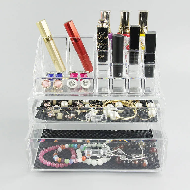 Clear foldable acrylic makeup storage organiser box with transparent sides showing 18-litre capacity.