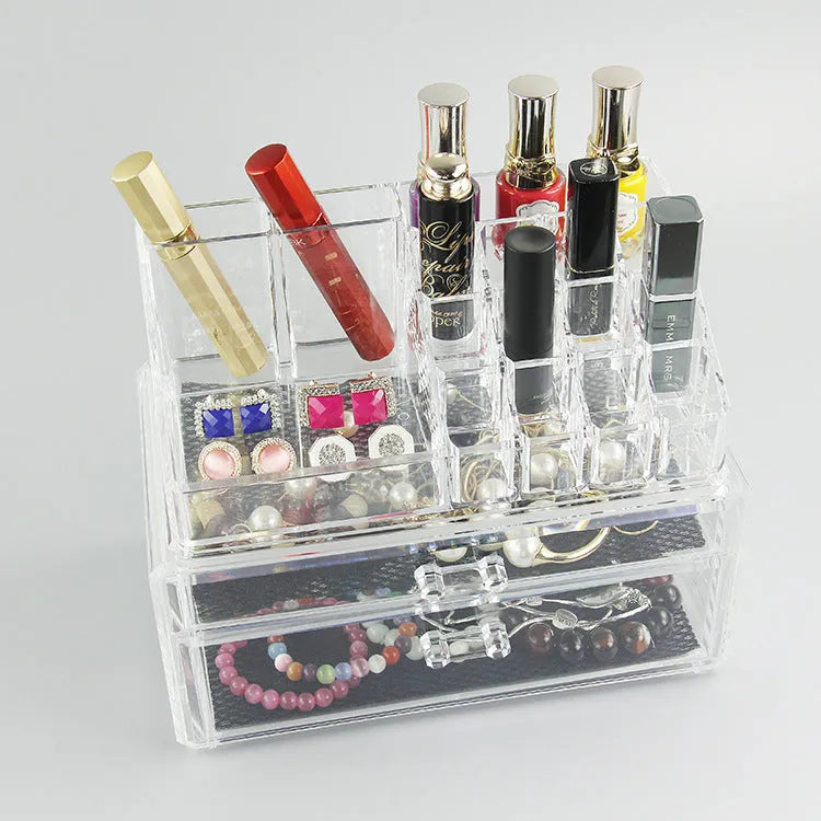 Clear foldable acrylic makeup storage organiser box with transparent sides showing 18-litre capacity.