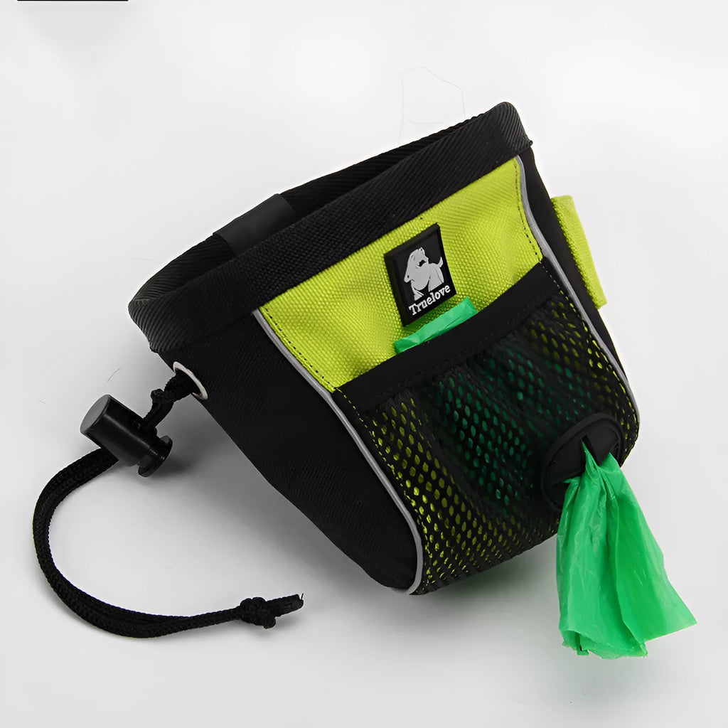 Green and orange dog training waist bags showing removable waste compartment and button fastening