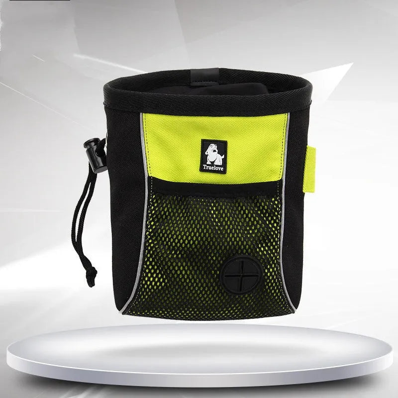 Green and orange dog training waist bags showing removable waste compartment and button fastening