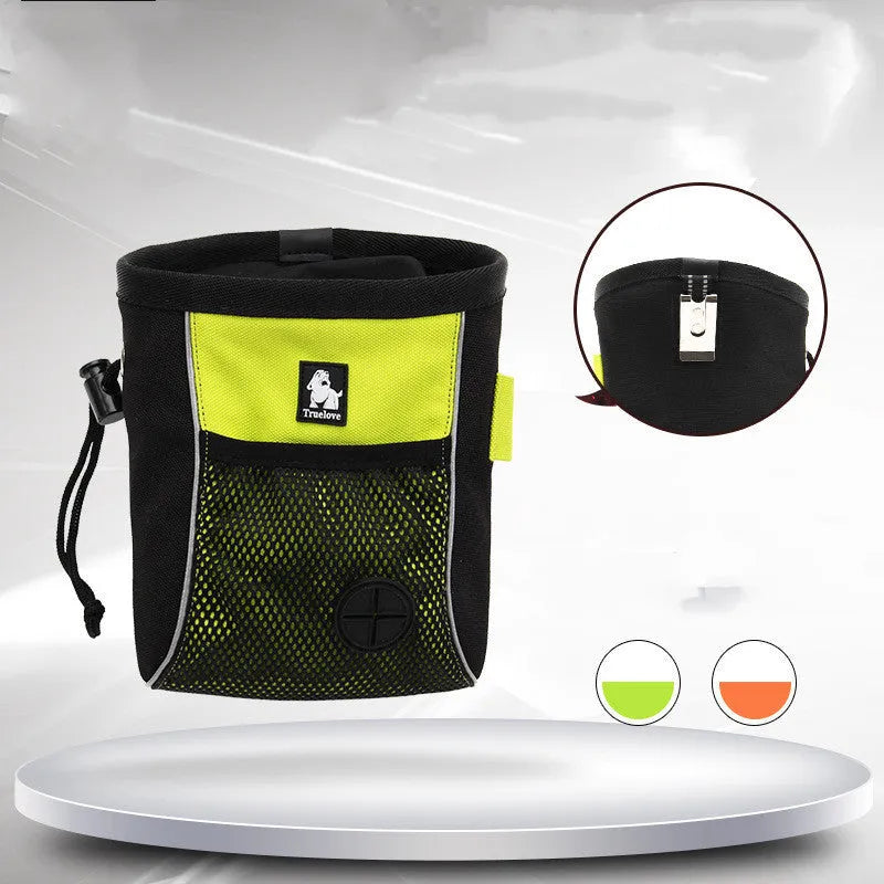 Green and orange dog training waist bags showing removable waste compartment and button fastening