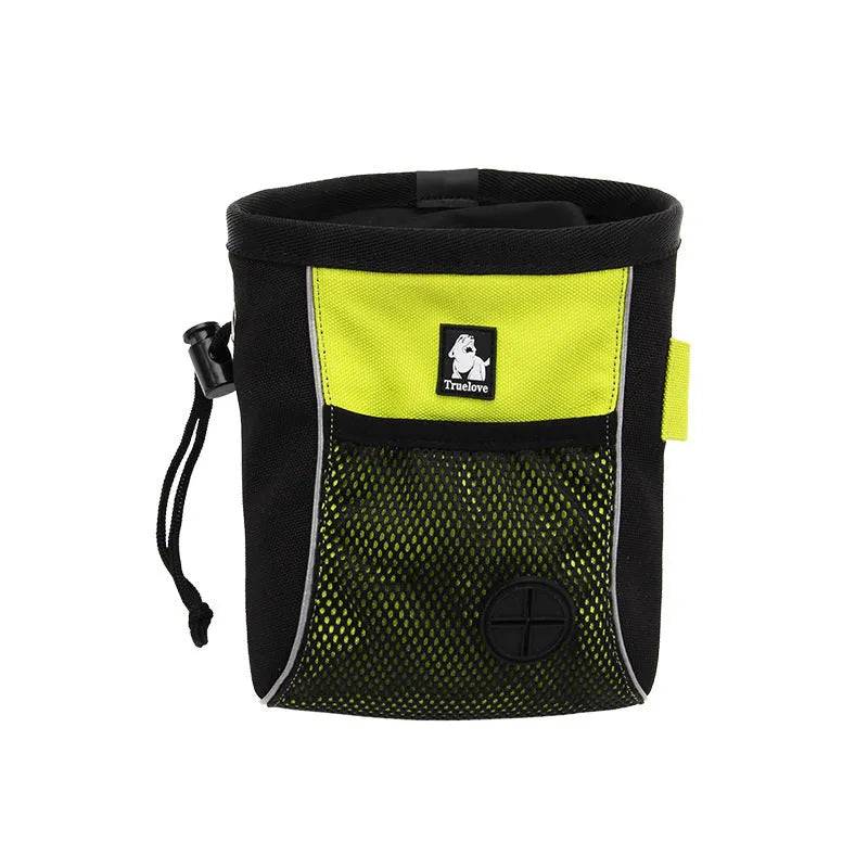 Green and orange dog training waist bags showing removable waste compartment and button fastening