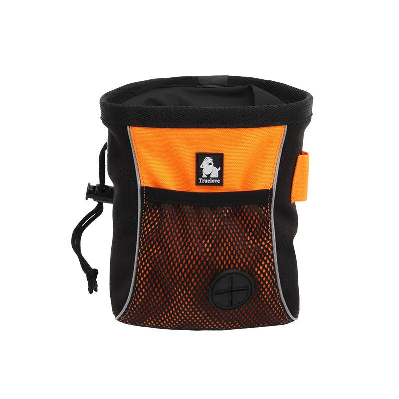 Green and orange dog training waist bags showing removable waste compartment and button fastening