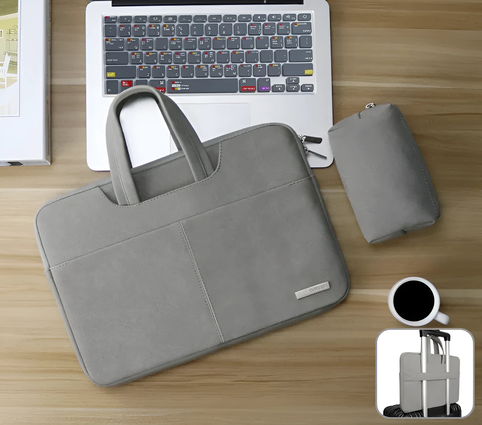Blue PU leather laptop bag open, showing padded computer sleeve and internal organiser pockets.