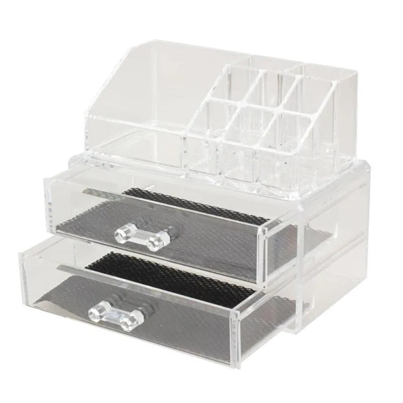Clear foldable acrylic makeup storage organiser box with transparent sides showing 18-litre capacity.