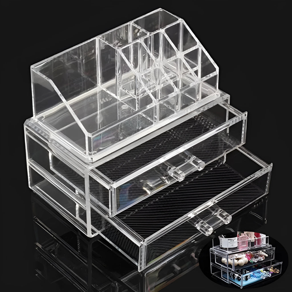 Clear foldable acrylic makeup storage organiser box with transparent sides showing 18-litre capacity.