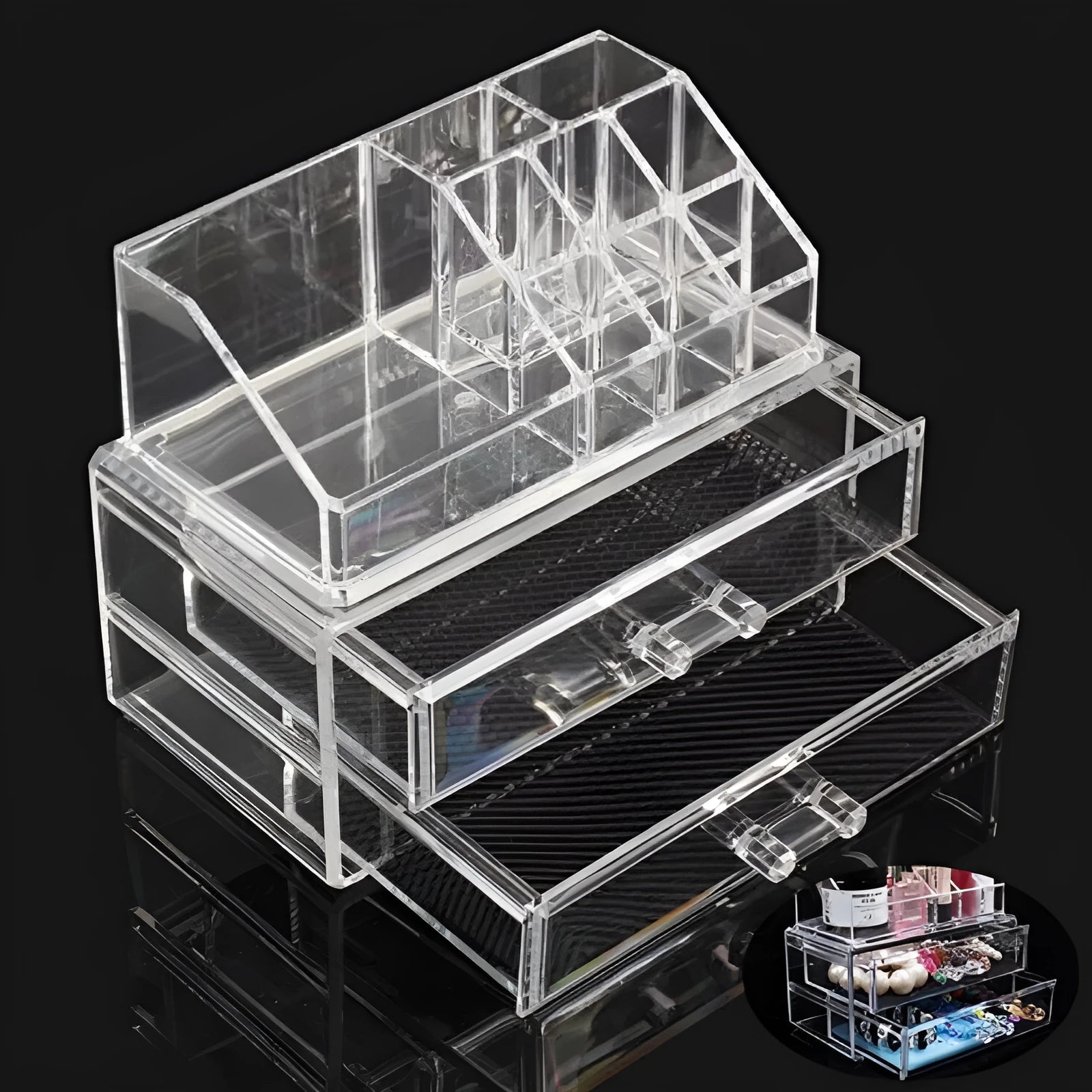 Clear foldable acrylic makeup storage organiser box with transparent sides showing 18-litre capacity.