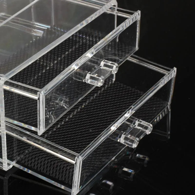 Clear foldable acrylic makeup storage organiser box with transparent sides showing 18-litre capacity.