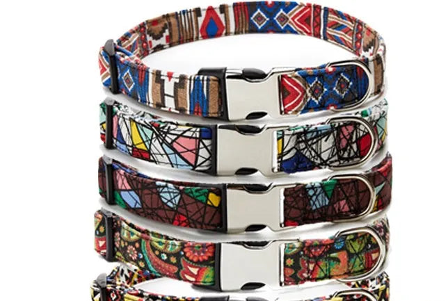 Ethnic style colourful semi-metal buckle pet dog collar in Indian design with polyester webbing and cotton cloth