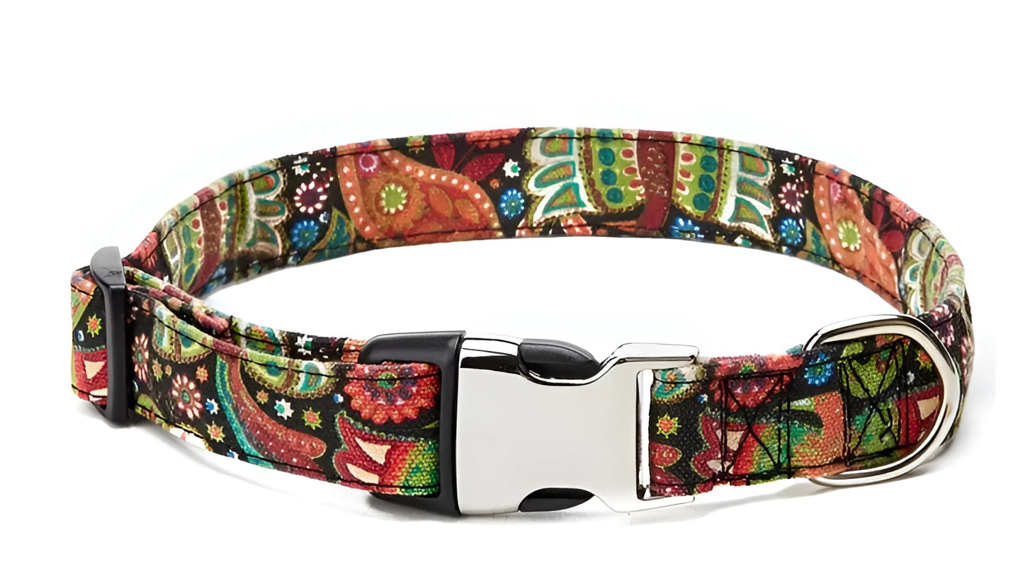Ethnic style colourful semi-metal buckle pet dog collar in Indian design with polyester webbing and cotton cloth