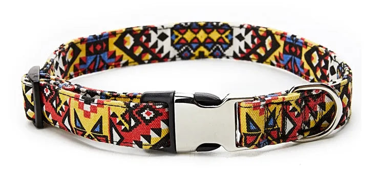 Ethnic style colourful semi-metal buckle pet dog collar in Indian design with polyester webbing and cotton cloth