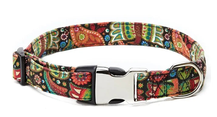 Ethnic style colourful semi-metal buckle pet dog collar in Indian design with polyester webbing and cotton cloth
