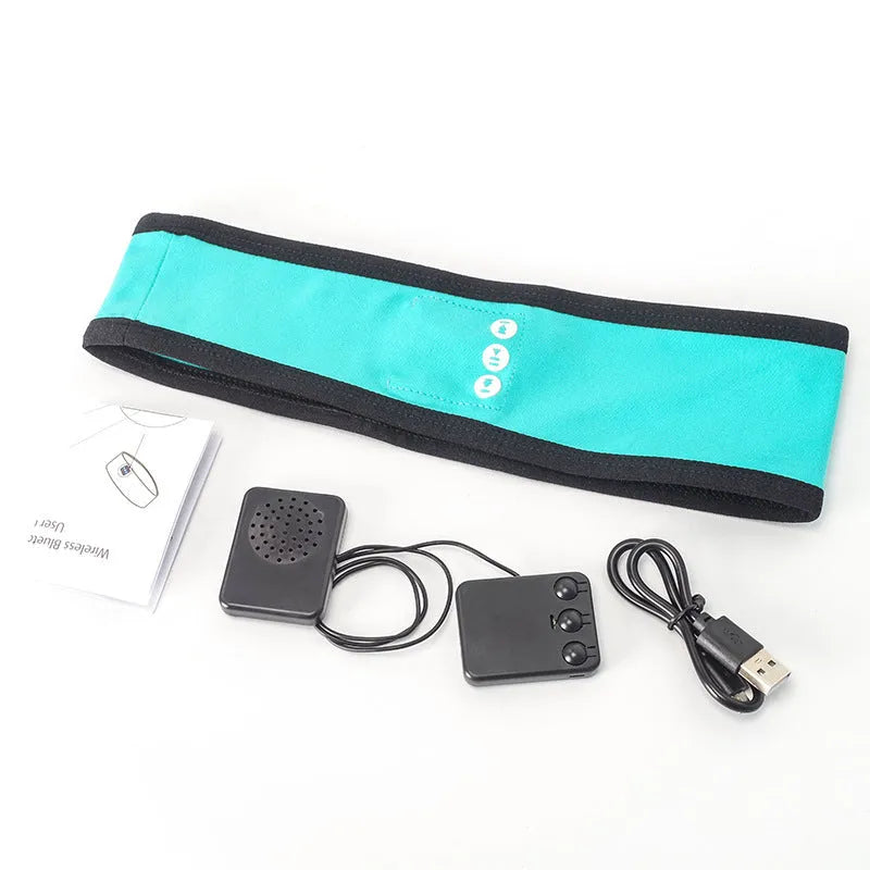 Black wireless Bluetooth sports headband with built-in earphones on a model running outdoors