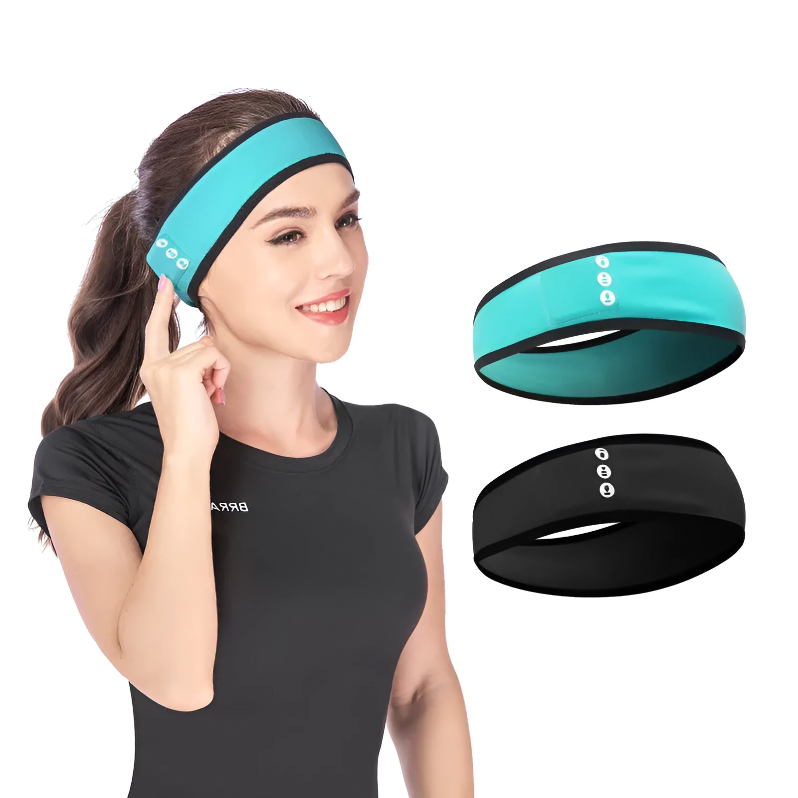 Black wireless Bluetooth sports headband with built-in earphones on a model running outdoors