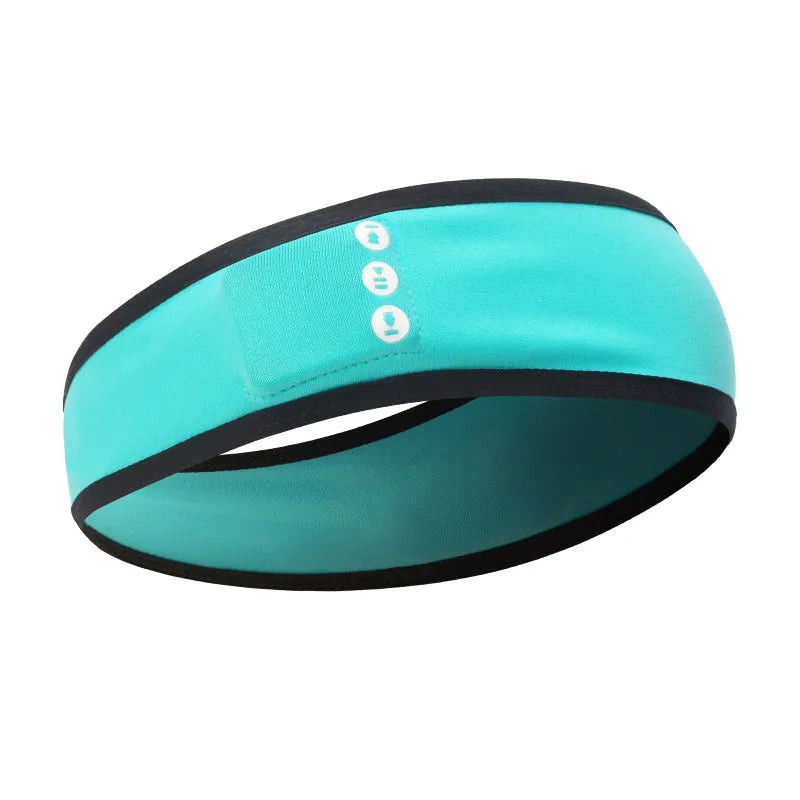 Black wireless Bluetooth sports headband with built-in earphones on a model running outdoors