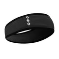 Black wireless Bluetooth sports headband with built-in earphones on a model running outdoors