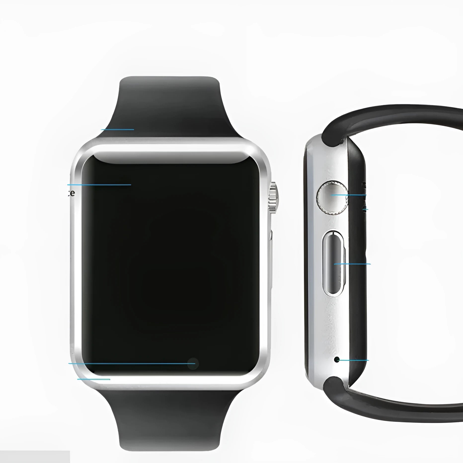 A1 Smart Watch for Android in various colours, showing screen, GSM SIM slot, and camera.