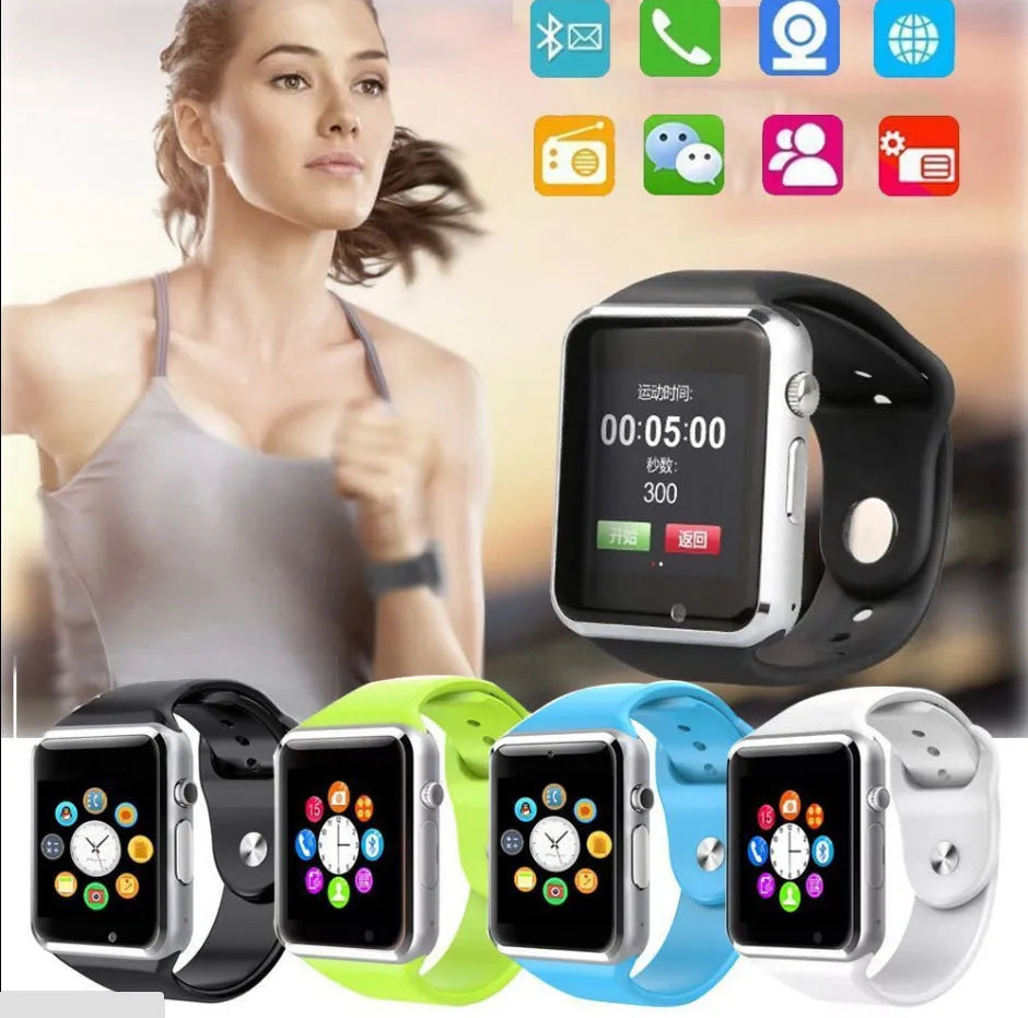 A1 Smart Watch for Android in various colours, showing screen, GSM SIM slot, and camera.