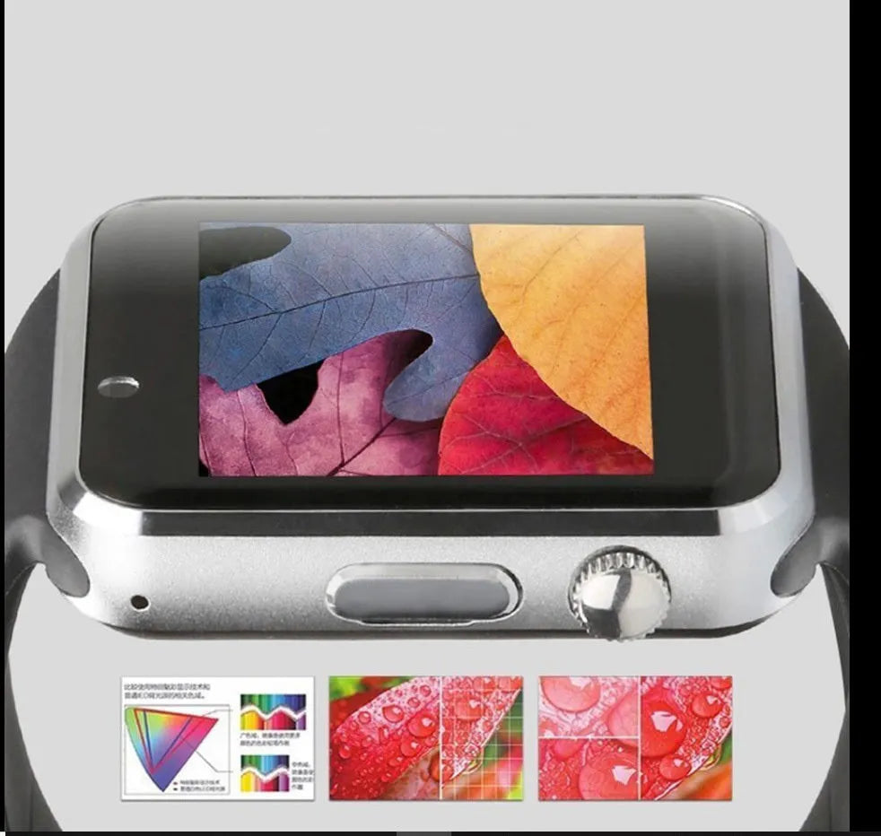 A1 Smart Watch for Android in various colours, showing screen, GSM SIM slot, and camera.
