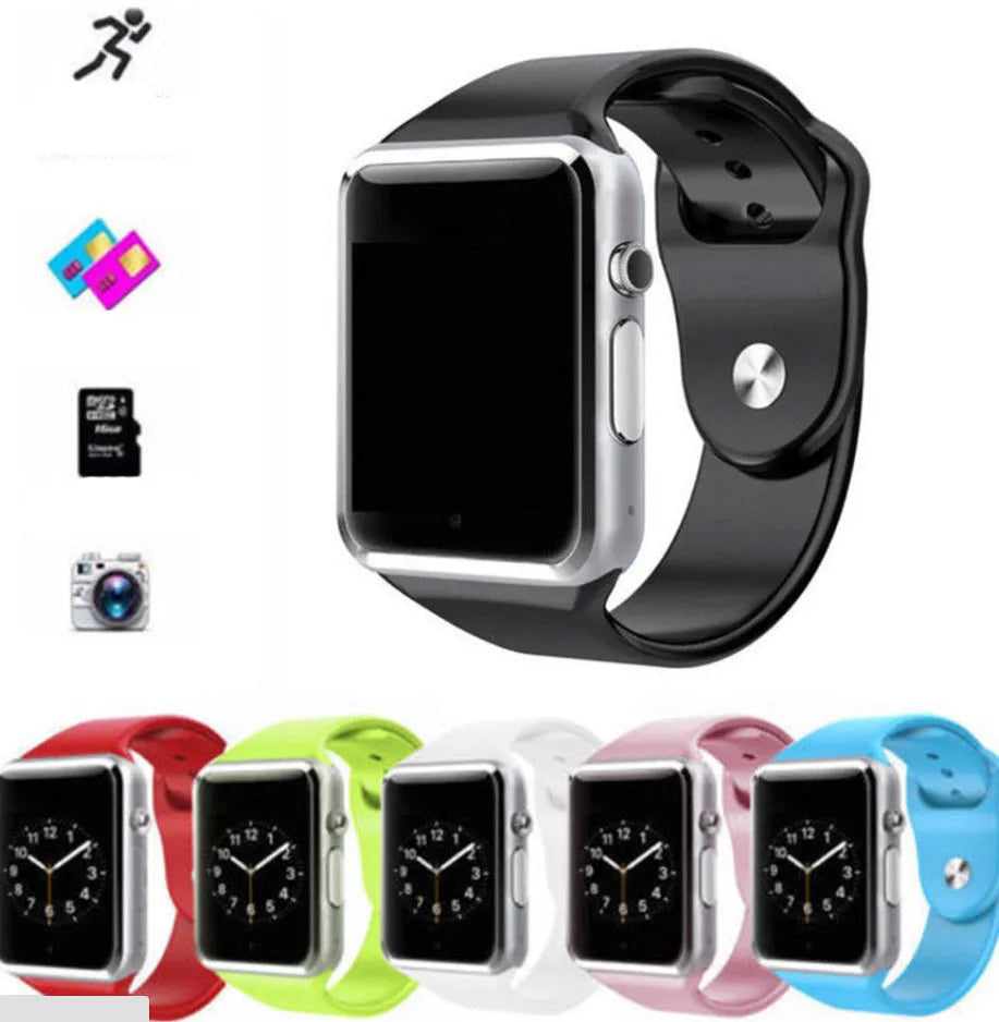 A1 Smart Watch for Android in various colours, showing screen, GSM SIM slot, and camera.