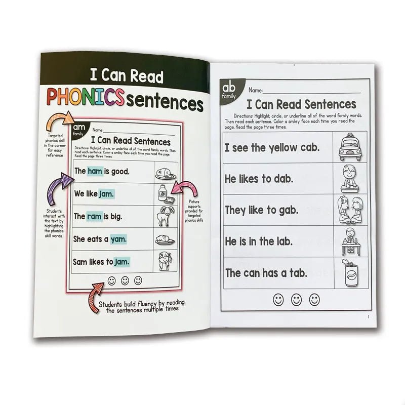 Children's English phonics reading worksheet measuring 21cm by 14cm for ages 6+