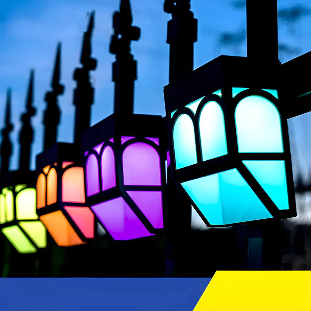 Square white solar wall lamp mounted on outdoor fence with LED illumination