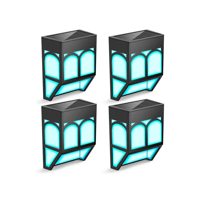 Square white solar wall lamp mounted on outdoor fence with LED illumination
